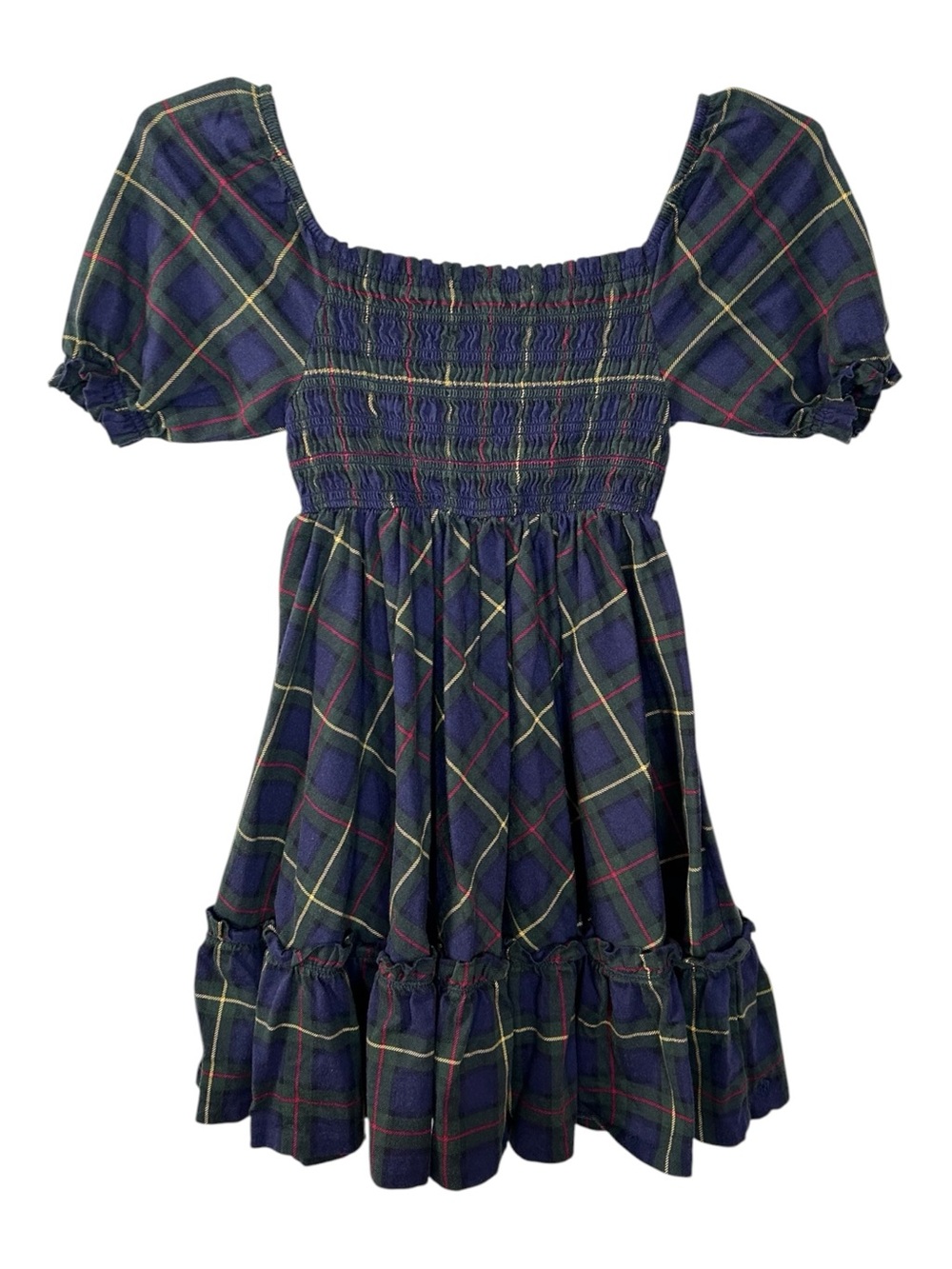 Polo Ralph Lauren Girls Navy Plaid Smocked Puff Sleeve Dress